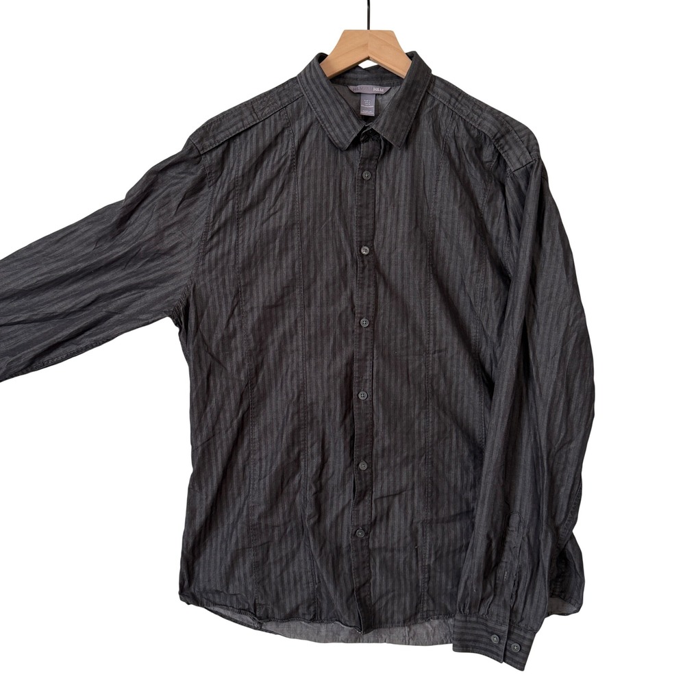 H&M Shirt Mens Large Long Sleeve Button Down Charcoal Grey Shadow Stripe Cotton